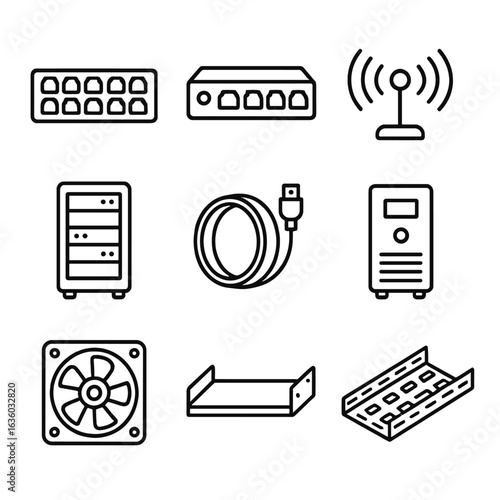 Network Infrastructure Icons. Line style icons of Network Infrastructure: patch panel, network switch, Wi-Fi antenna, server rack,