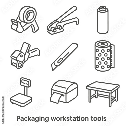 Packaging Workstation Tools. Line style icons of Packaging Workstation Tools: tape dispenser, strapping tool, stretch wrap roll,