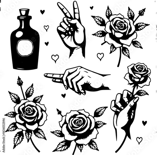 Poisoned Love: Skull & Roses heart, love, death, tattoo,  Tattoo Art" vector bundle