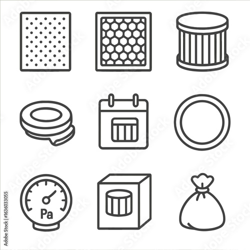 Filter Parts Iconography. Line style icons of Filter Replacement Parts: particulate pre-filter, activated carbon filter, filter