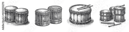 Vintage Hand-Drawn Drums Illustration, Percussion Instrument Engraved Vector for Music and T-Shirt Design