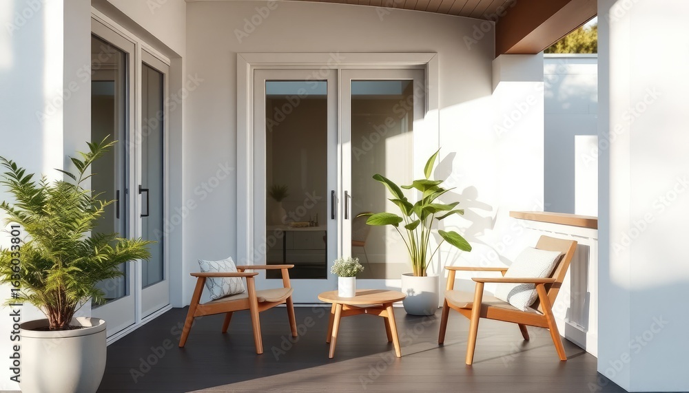 Fototapeta premium Minimalist porch of a contemporary home, featuring a small coffee table and two Scandinavian-style chairs, soft sunlight 2