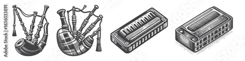 Vintage Hand-Drawn Harmonica Illustration, Folk Instrument Engraved Vector for Music and T-Shirt Design