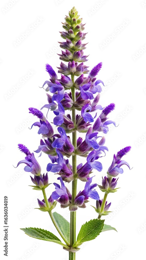 Obraz premium Close up of a beautiful purple Salvia flower against a white background