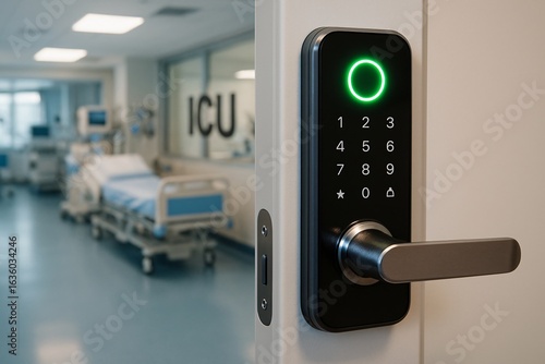 Modern icu door with digital lock and hospital room in background
