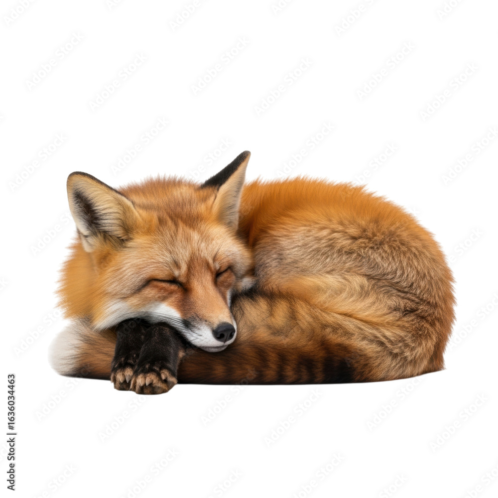 Fototapeta premium Sleeping red fox with fluffy fur and closed eyes resting peacefully
