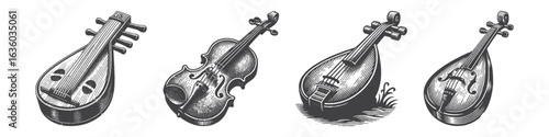 Vintage Hand-Drawn Lute Illustration, Medieval String Instrument Engraved Vector for Music and T-Shirt Design