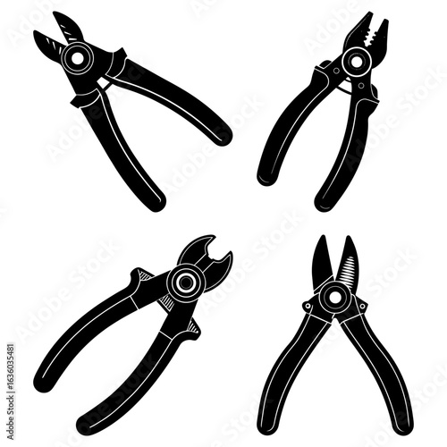 Illustration showing four different black and white styles of pliers on a white background design tool
