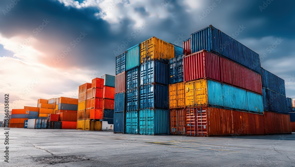 Fototapeta premium Colorful Shipping Containers Stacked Under Dramatic Sky at Sunset