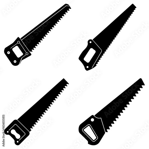 Illustration of four black hand saws with different handle designs on a white background showing tools