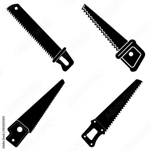 Illustration showing four different styles of hand saws with black blades and handles on a white background