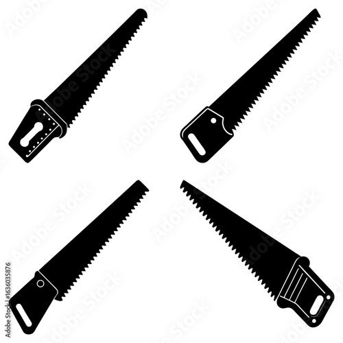 Four black and white silhouette images of hand saws with different handle designs on a white background