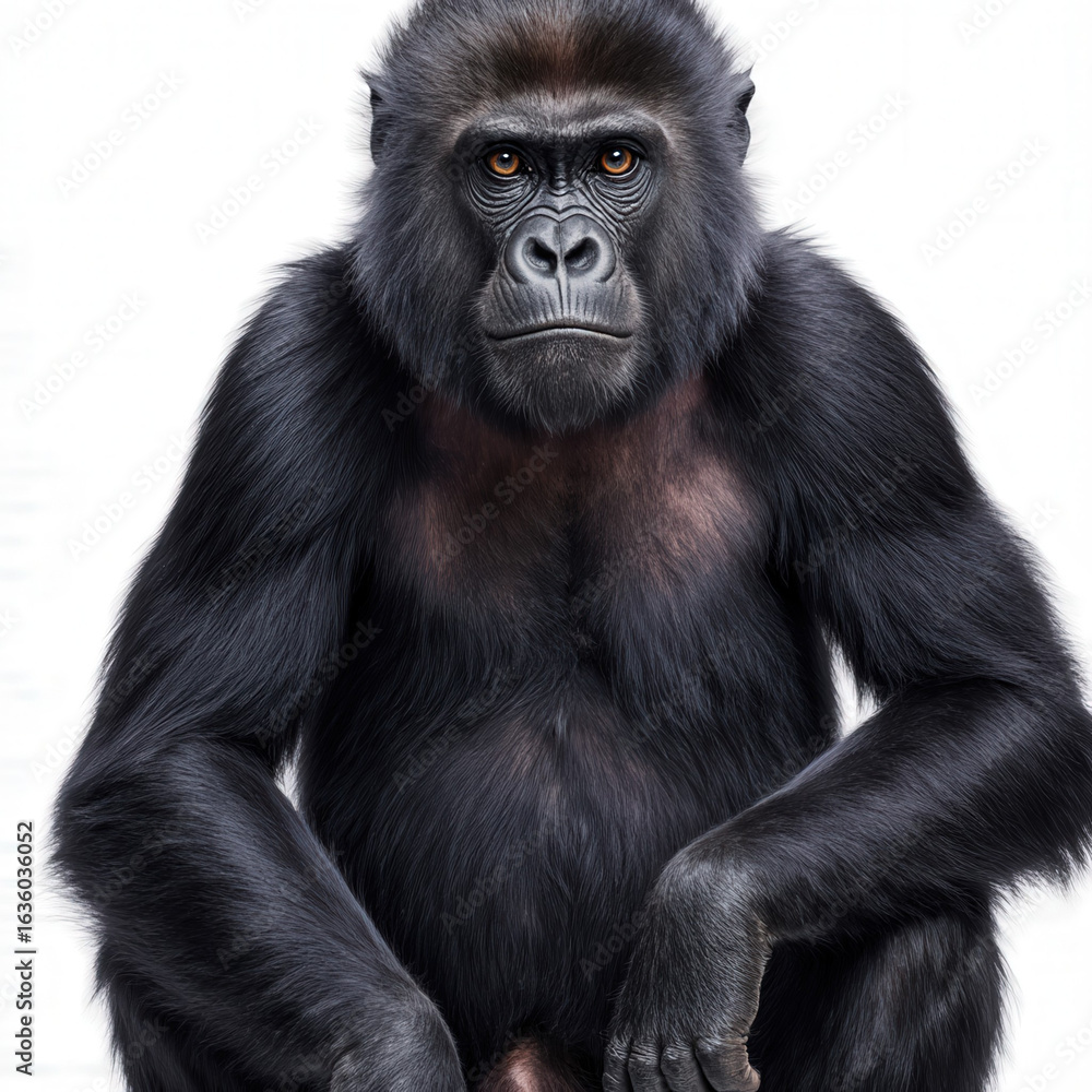 Fototapeta premium Majestic Gorilla Portrait: A powerful gorilla, with its dense black fur, gazes directly at the viewer, capturing its intense gaze, and revealing the spirit of the great ape in sharp focus.