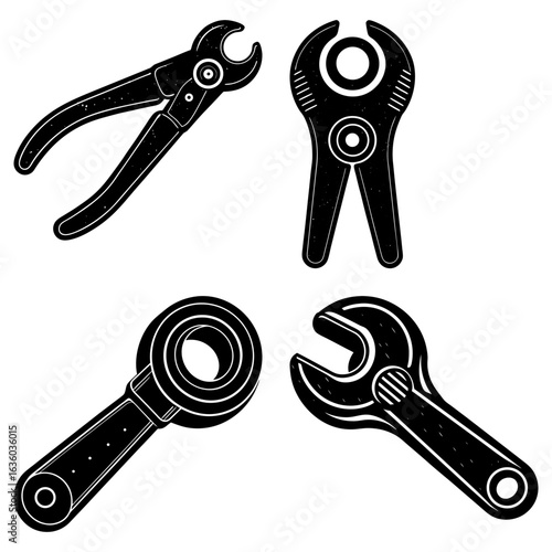 A collection of four black and white tools including pliers and wrenches in a vector illustration