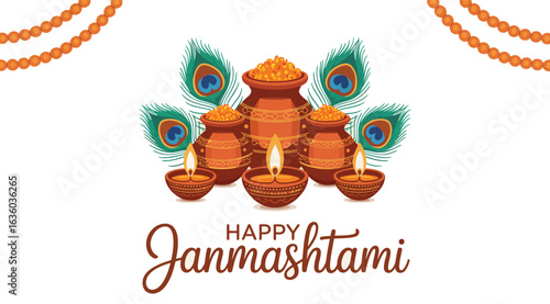 Janmashtami Festive Arrangement with Earthen Pots, Oil Lamps, Peacock Feathers, and Orange Beads Celebrating Lord Krishna’s Birth