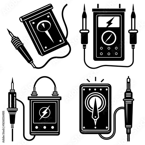 Illustration of electrical testing equipment including multimeter and soldering iron tools set in black and white