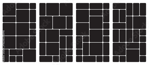 Bento grid vector vertical layouts. Geometric tiles pattern for photo collage, website layout, etc. Trendy tiling frames arrangements and presentation templates for social media.