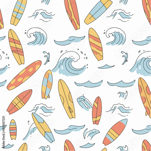 Colorful doodle-style seamless pattern of various surfboards and stylized ocean waves.