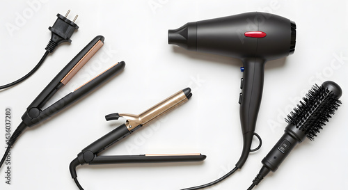 hair tools, beauty and hairdressing concept - hairdryer, hot styler and curling iron or tongs on white background