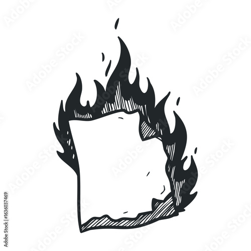 Burning paper with flames illustrations in black and white. Vector illustration