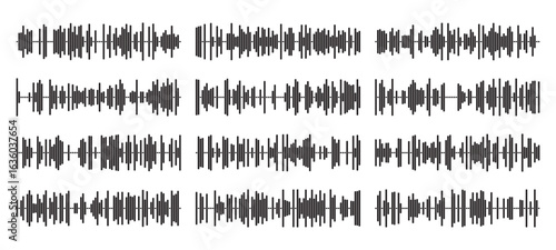 Audio wave tune print, voice message, podcast audio recording. Vector audio player soundwave visualization or voice message sound wave. Podcast audio streaming. Music, sound concept.