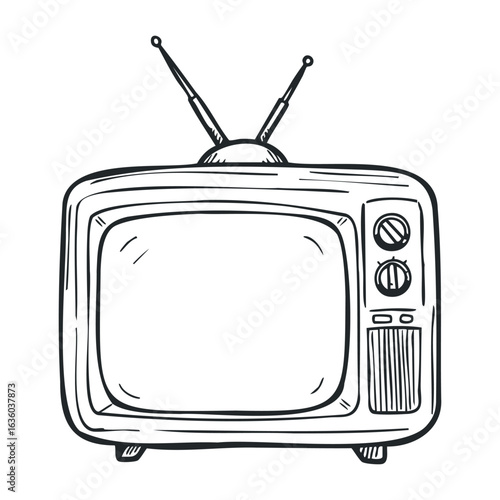 Vintage retro television with antennas and knobs sketch in black and white. Vector illustration