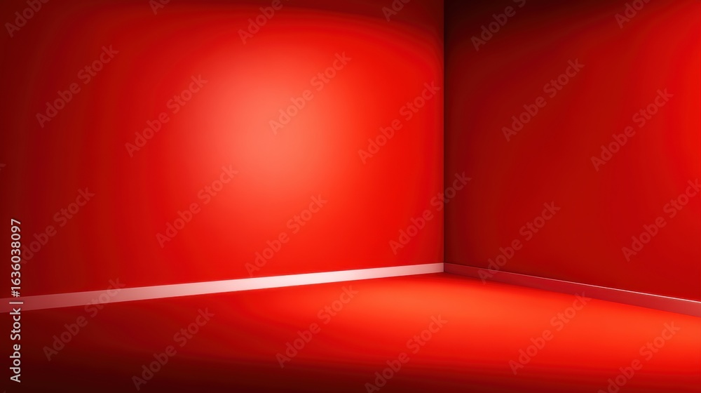 Obraz premium A vibrant red interior corner showcasing smooth walls and a subtle light reflection, ideal for modern design themes