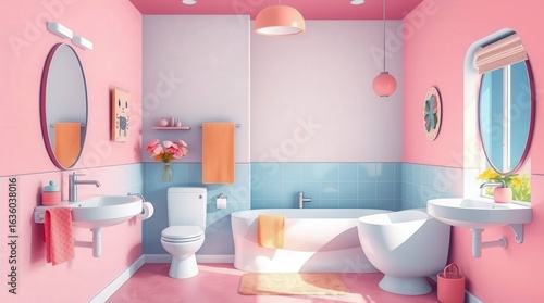 modern bathroom with pink and blue tiles