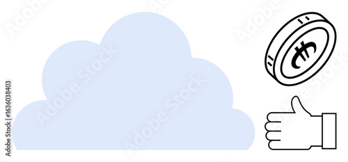 Light blue cloud, cryptocurrency coin with bitcoin symbol, and thumbs-up gesture. Ideal for technology, finance, cryptocurrency, approval, blockchain, cloud computing and simple landing page