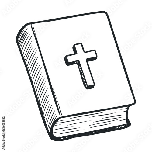 Hand-drawn bible with cross on cover. Vector illustration