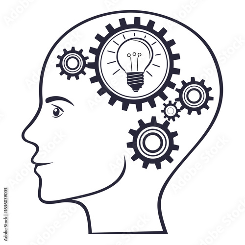 A head with gears and a light bulb inside, isolated on white background