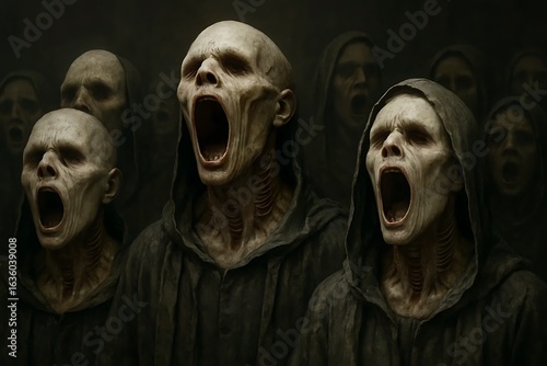 A group of eyeless figures in tattered robes, their mouths stretched impossibly wide as they sing a silent, bone-chilling hymn. Their necks are lined with gill-like slits that flutter with each note.