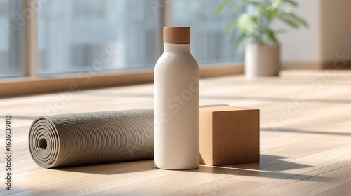 Blank white water bottle mockup on a yoga mat in a bright fitness studio