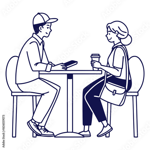 A man and a woman having a casual conversation at a cafe table, enjoying coffee and each others company isolated on white background