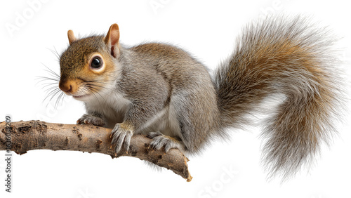 Cute squirrel sitting on tree branch with fluffy tail and focused eyes, side view full body animal photo white background 4k image