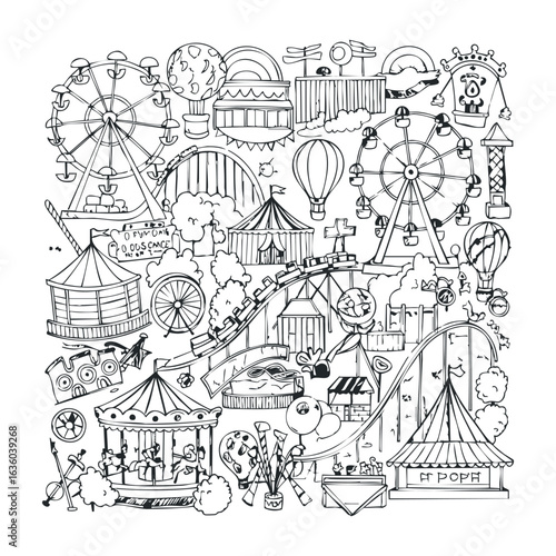 Vintage amusement park coloring page with ferris wheels and hot air balloons. Vector illustration