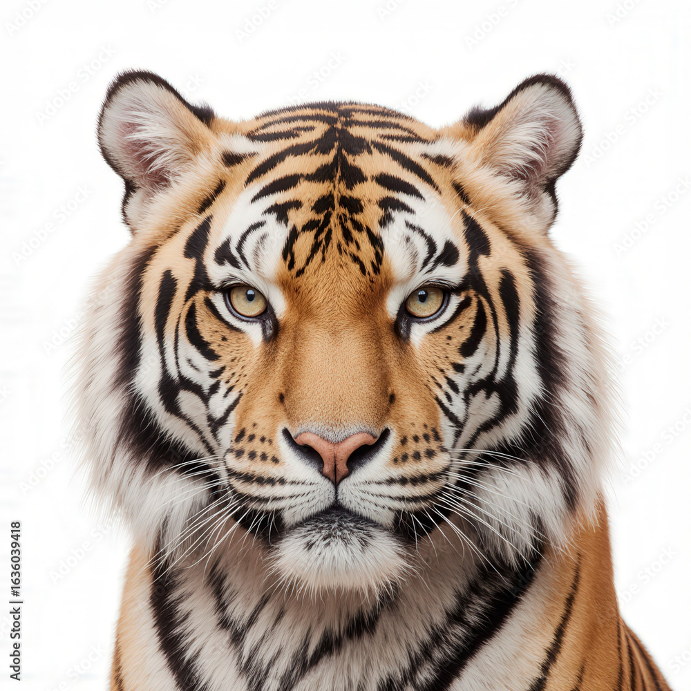 Fototapeta premium Magnificent Tiger Portrait: A captivating close-up portrait of a majestic tiger, showcasing its striking orange and black striped fur pattern, intense gaze, and regal demeanor.