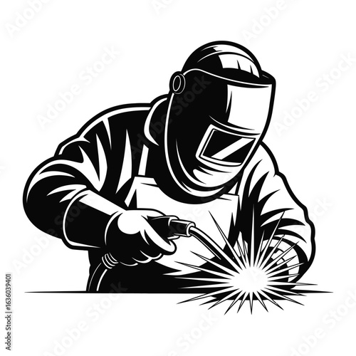 Welder in protective gear performing welding with bright sparks