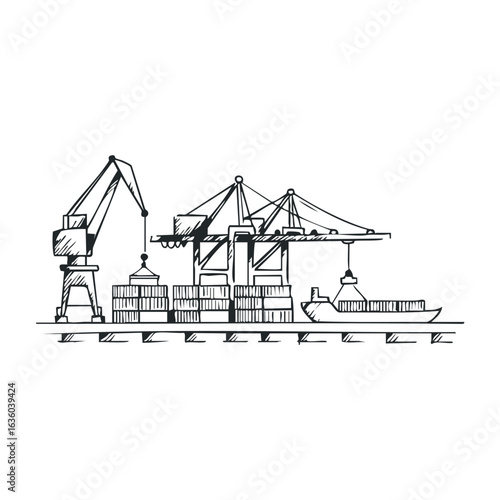 Industrial port with cargo ship and cranes. Vector illustration