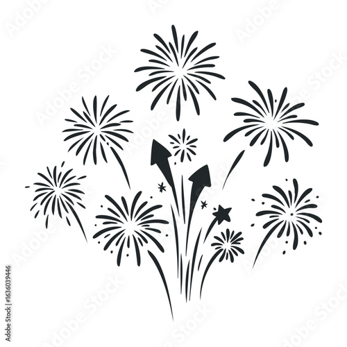 Black fireworks silhouette display on white background. Vector illustration