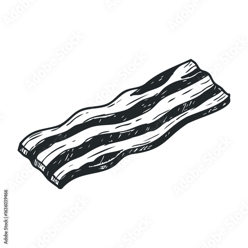 Grunge style bacon strip illustration - black and white sketch of crispy bacon. Vector illustration