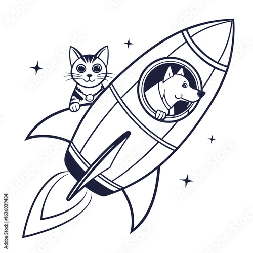 Cute cat and dog flying in a rocket ship through space isolated on white background