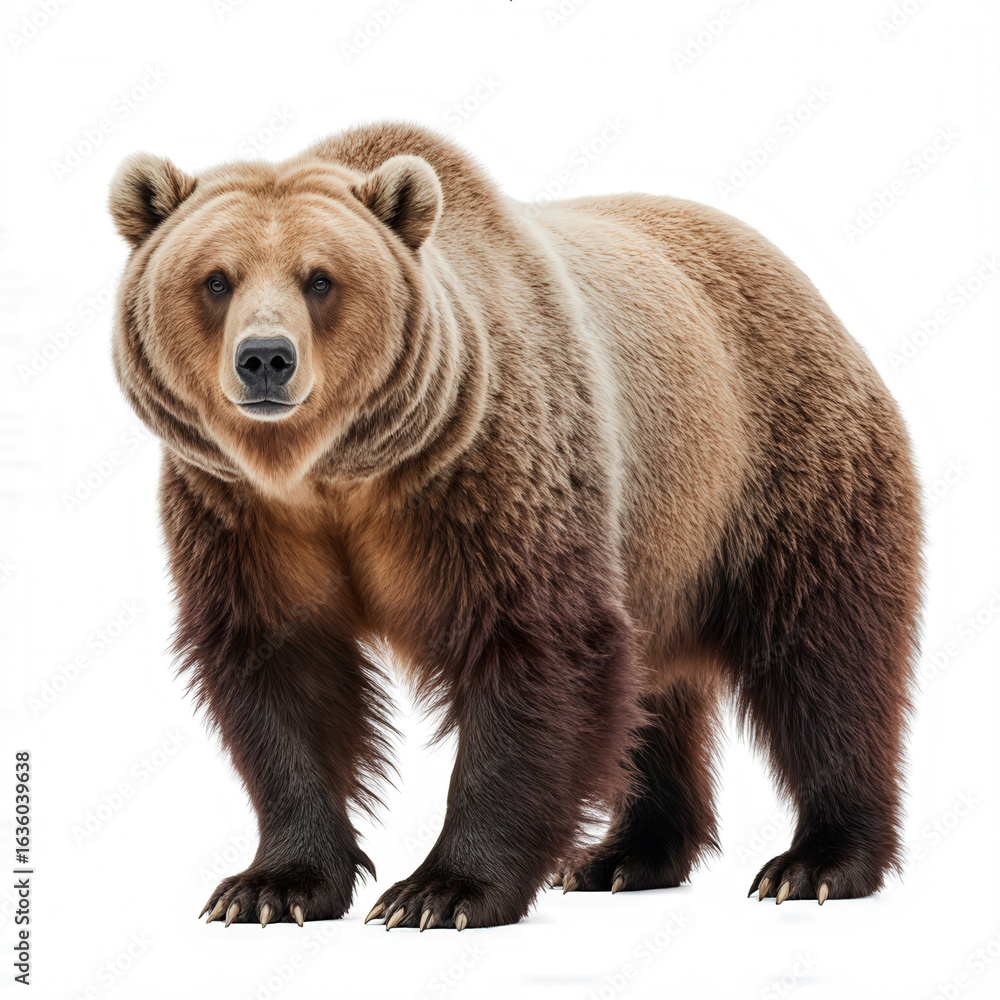 Obraz premium Majestic Grizzly Bear Portrait: A formidable grizzly bear stands in a striking frontal pose, its gaze direct and intense, showcasing the raw power and captivating presence of this iconic species. 