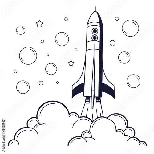 Hand drawn rocket ship launching into space with stars and clouds isolated on white background