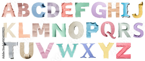 Colorful torn paper alphabet letters A to Z, multicolor uppercase set with ripped edges