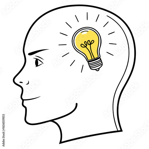 Illustration of a head with a light bulb inside, symbolizing idea generation and creative thinking isolated on white background