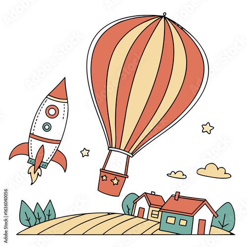 Illustration of a rocket and a hot air balloon flying over houses isolated on white background