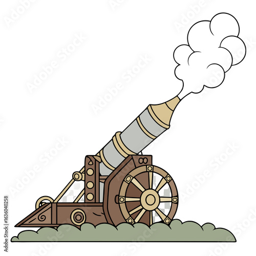 Illustration of a vintage cannon with smoke coming out of the barrel isolated on white background