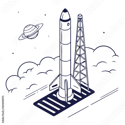 Isometric rocket on launch pad with saturn planet and clouds isolated on white background ready for space exploration