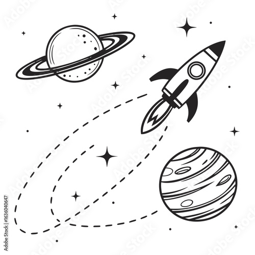 Rocket flying between planets and stars in space isolated on white background in black and white
